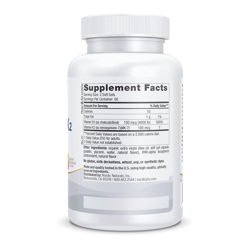 Close-up of Vitamin D3+K2 capsules in bottle label