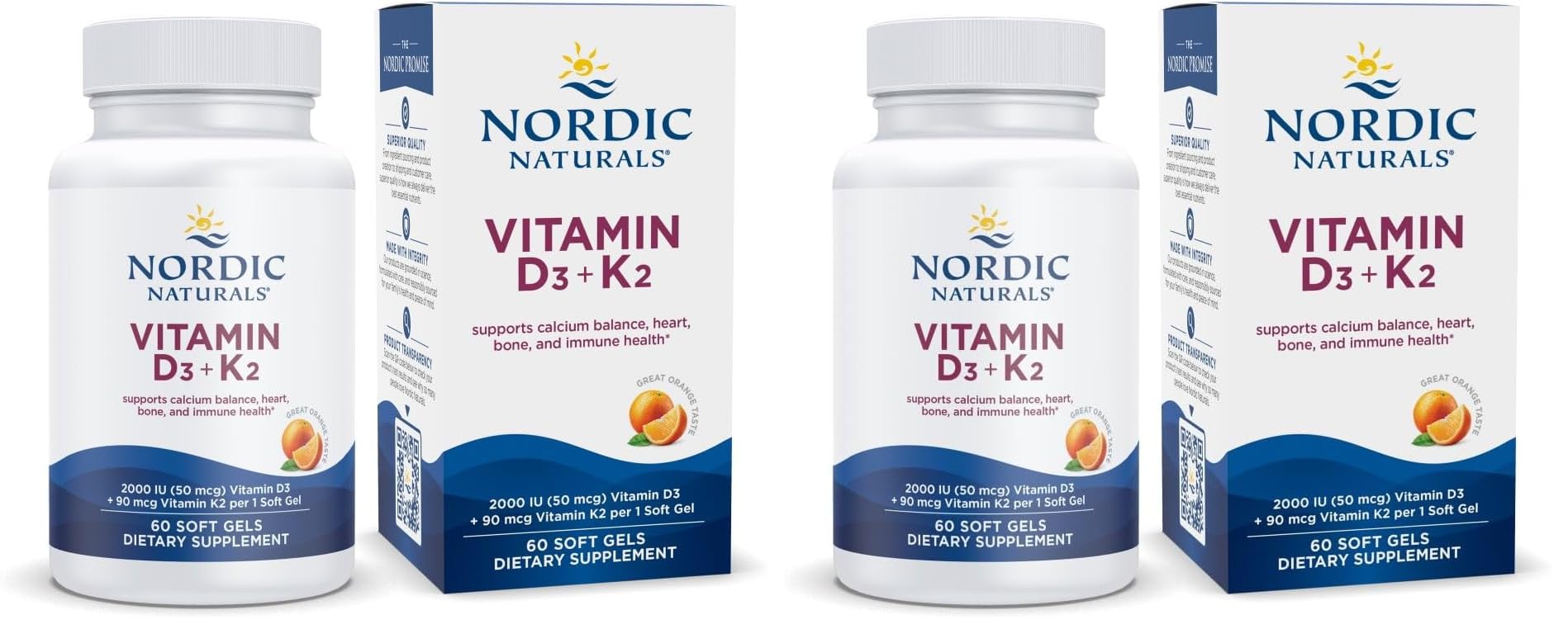 Front view of Nordic Naturals Vitamin D3 + K2 orange flavor soft gels bottle