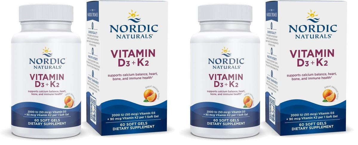 Front view of Nordic Naturals Vitamin D3 + K2 orange flavor soft gels bottle