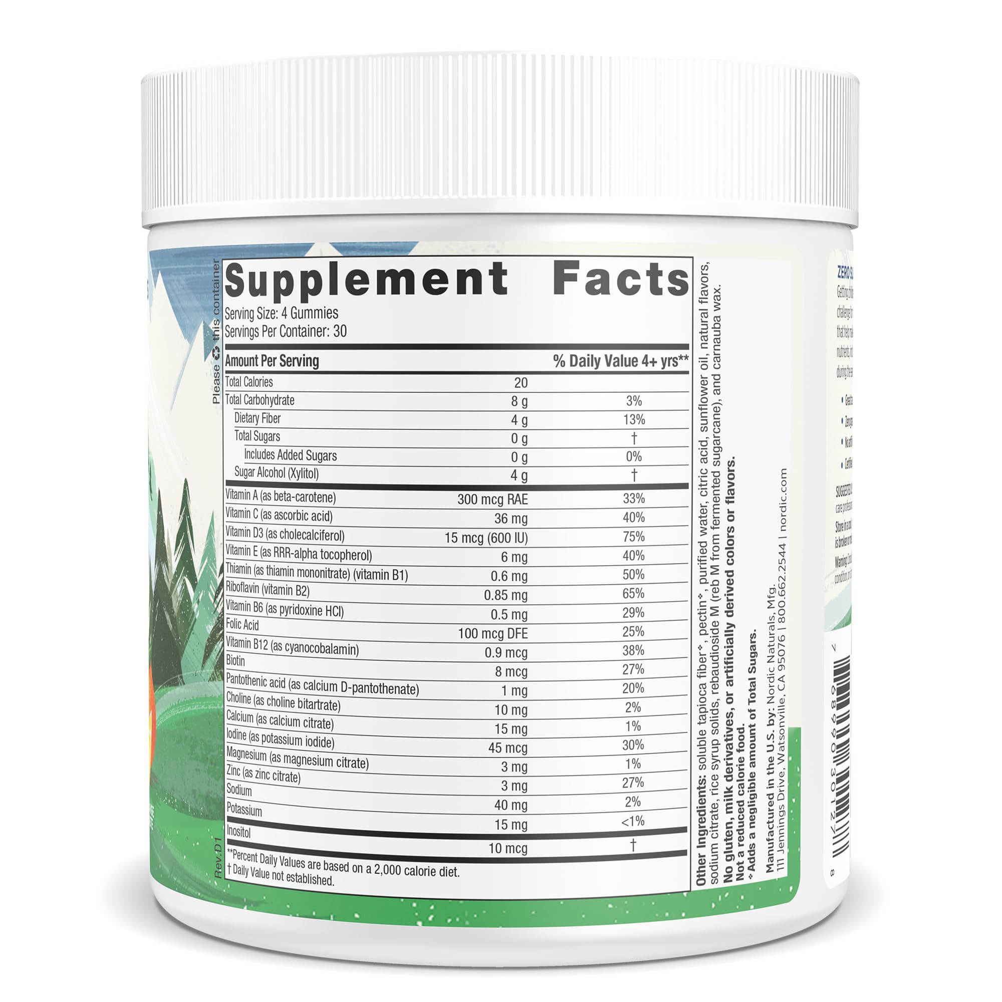 Nutrition ingredients list for Zero Sugar Kids Multi Gummies