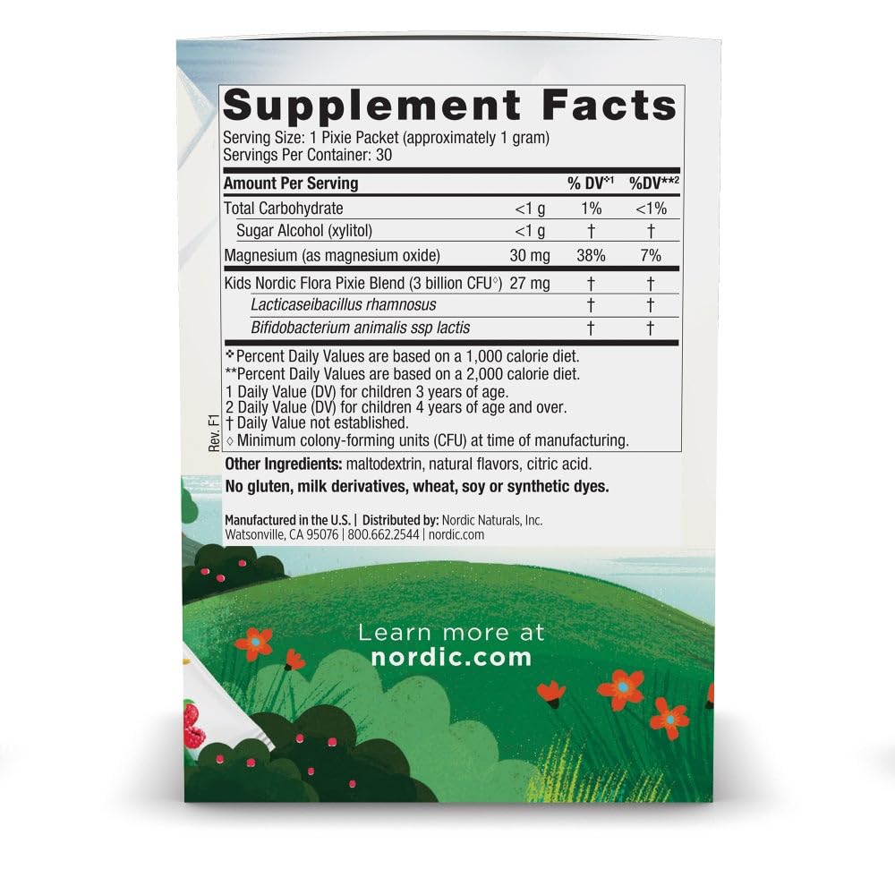 Single pixie probiotic packet opened showing berry powder