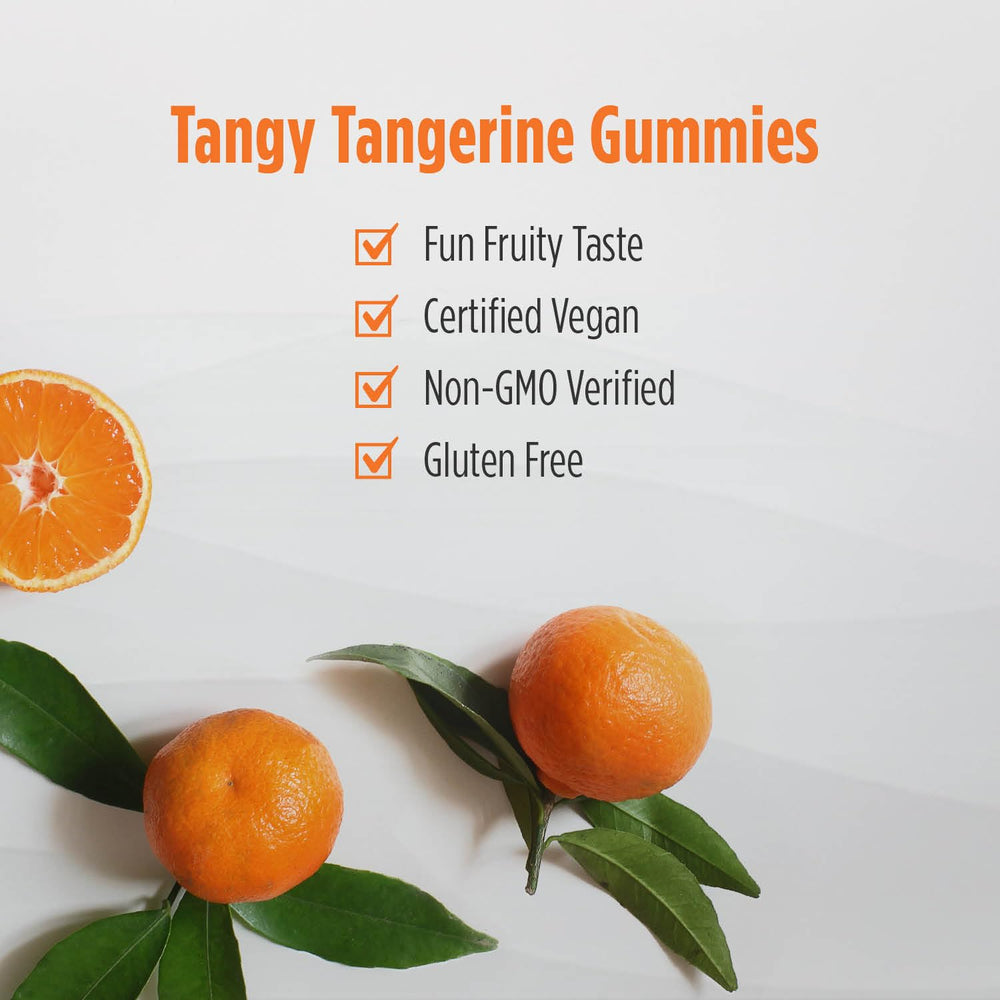 Label and bottle showing Tangy Tangerine Vitamin C Gummies