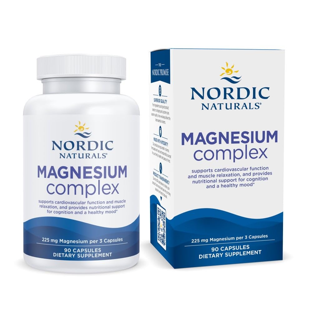 Nordic Naturals Magnesium Complex bottle with capsules for daily energy and relaxation.