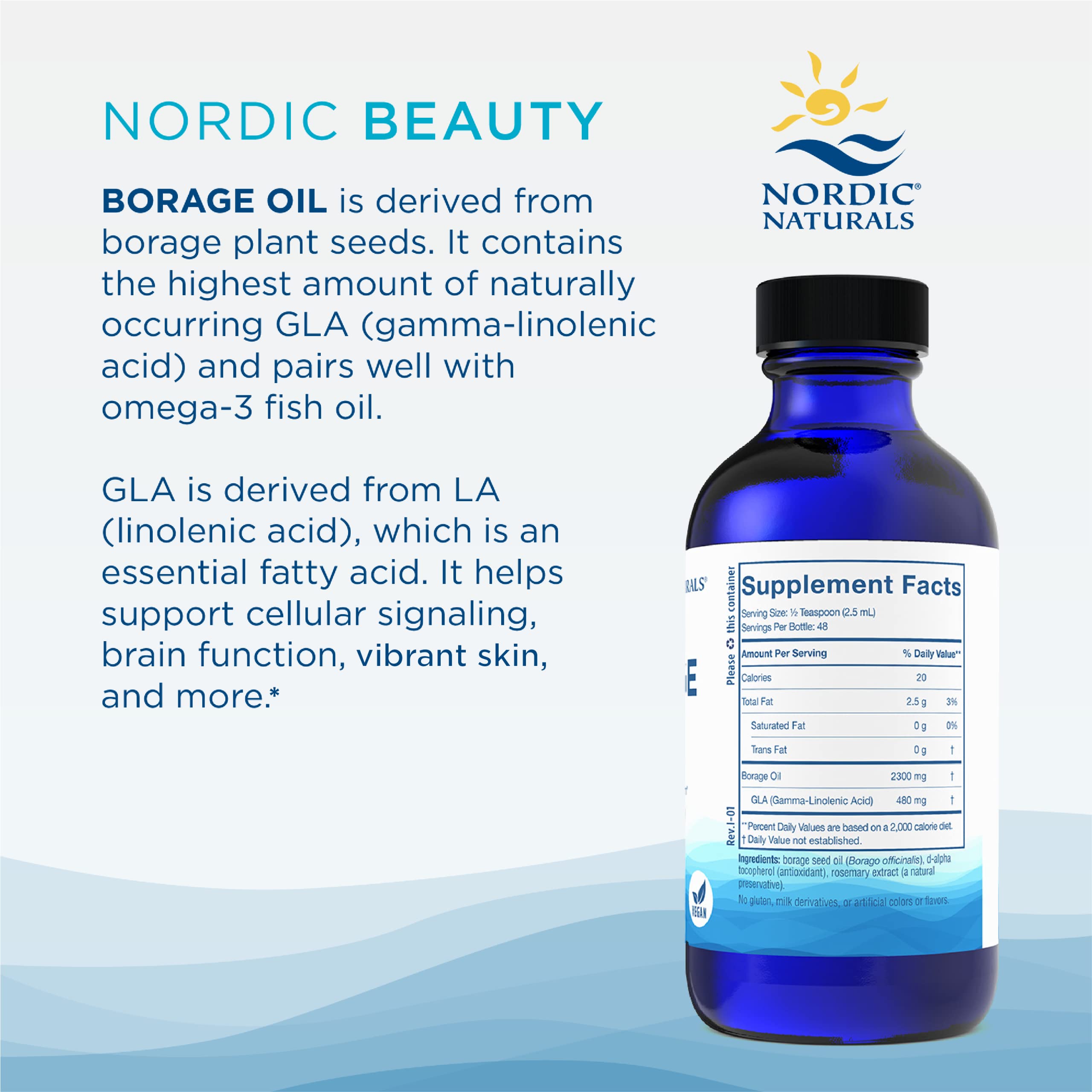 Nordic Naturals Nordic Beauty Borage Oil ingredients highlight borage seed oil and GLA.