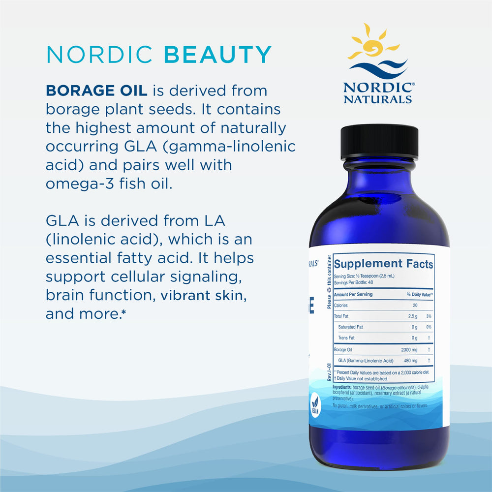 Nordic Naturals Nordic Beauty Borage Oil ingredients highlight borage seed oil and GLA.