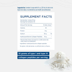 Label details highlighting 10 g collagen peptides per serving from pasture-raised cows