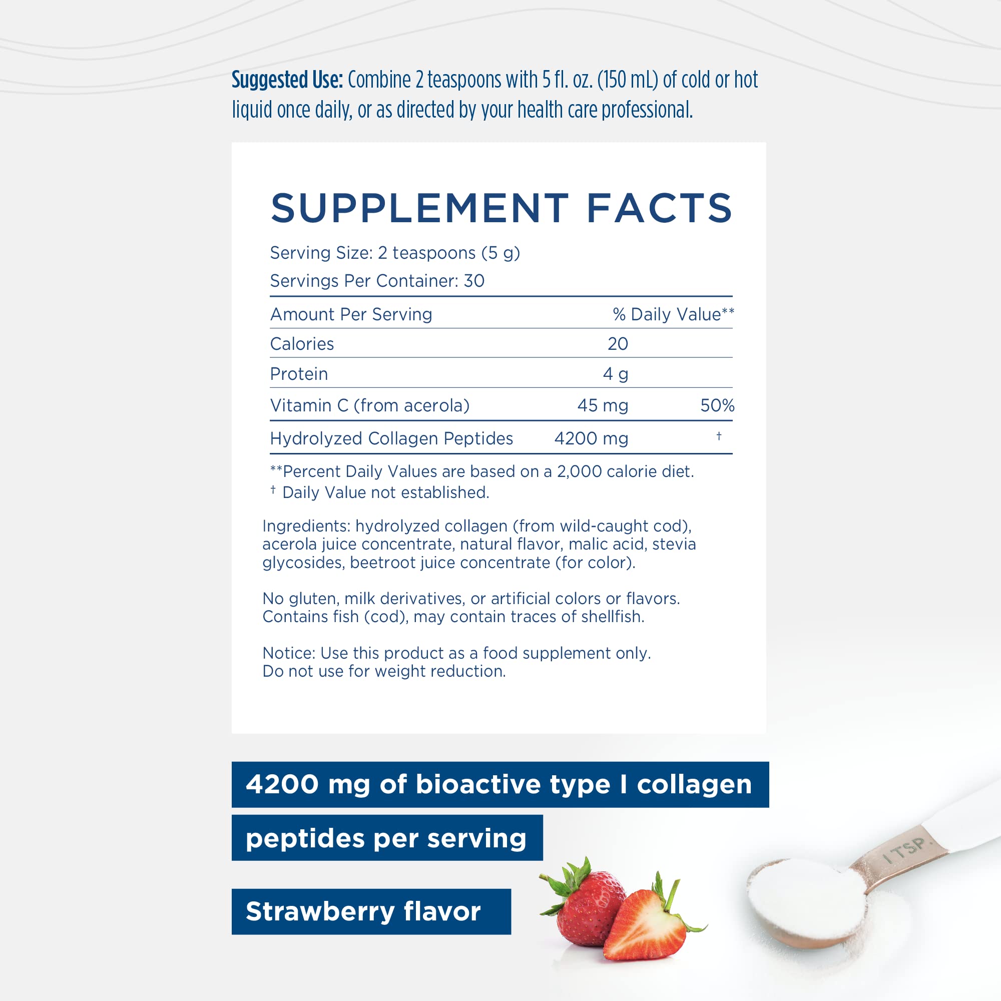 Close-up of strawberry-flavored marine collagen powder in a spoon