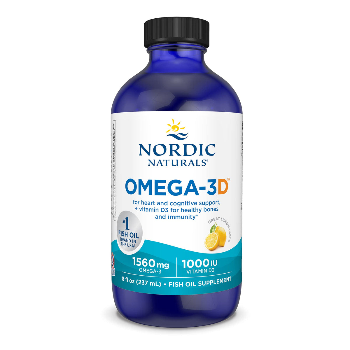 Nordic Naturals Omega-3D Lemon Flavor bottle and front label, 8 oz
