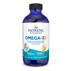 Nordic Naturals Omega-3D Lemon Flavor bottle and front label, 8 oz