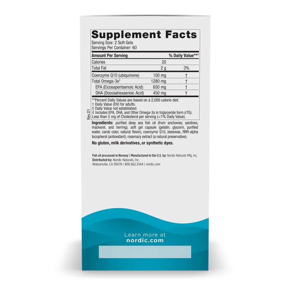 Close-up of bottle label showing 1280 mg Omega-3 and 100 mg CoQ10