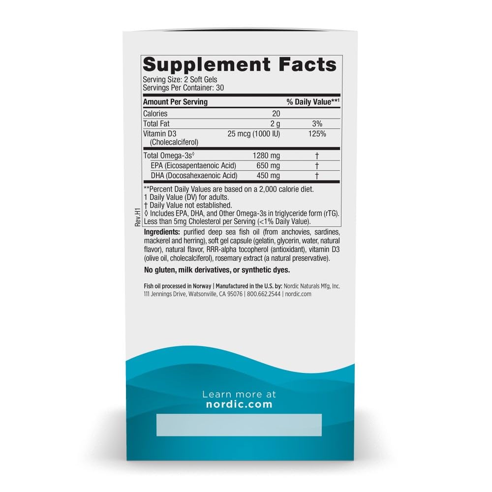 Back label of Nordic Naturals Omega-D3 Lemon bottle with supplement facts