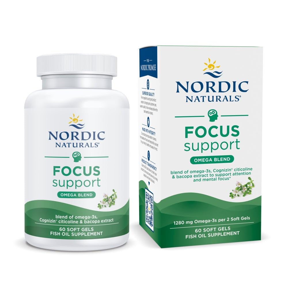 Front view of Nordic Naturals Omega Focus Lemon bottle with 60 soft gels