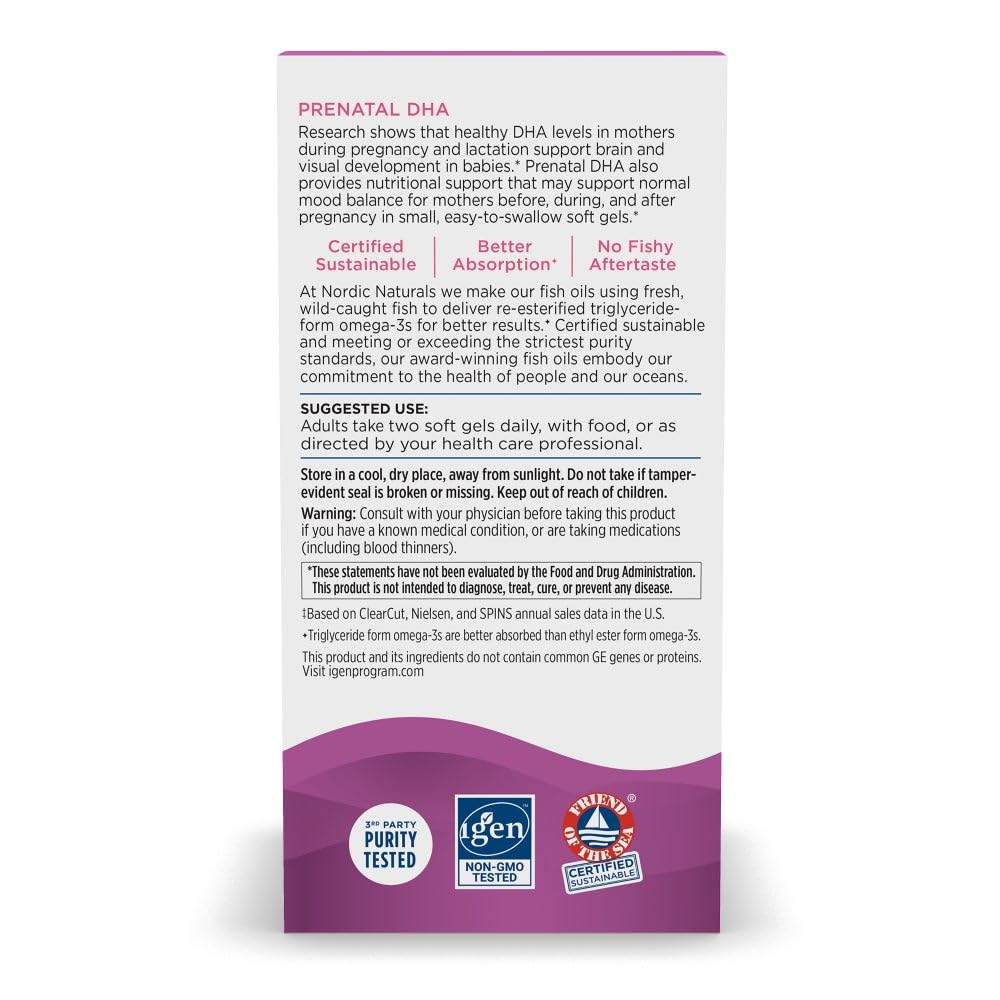 Nutrition facts label for Nordic Naturals Prenatal DHA Unflavored 180 Soft Gels