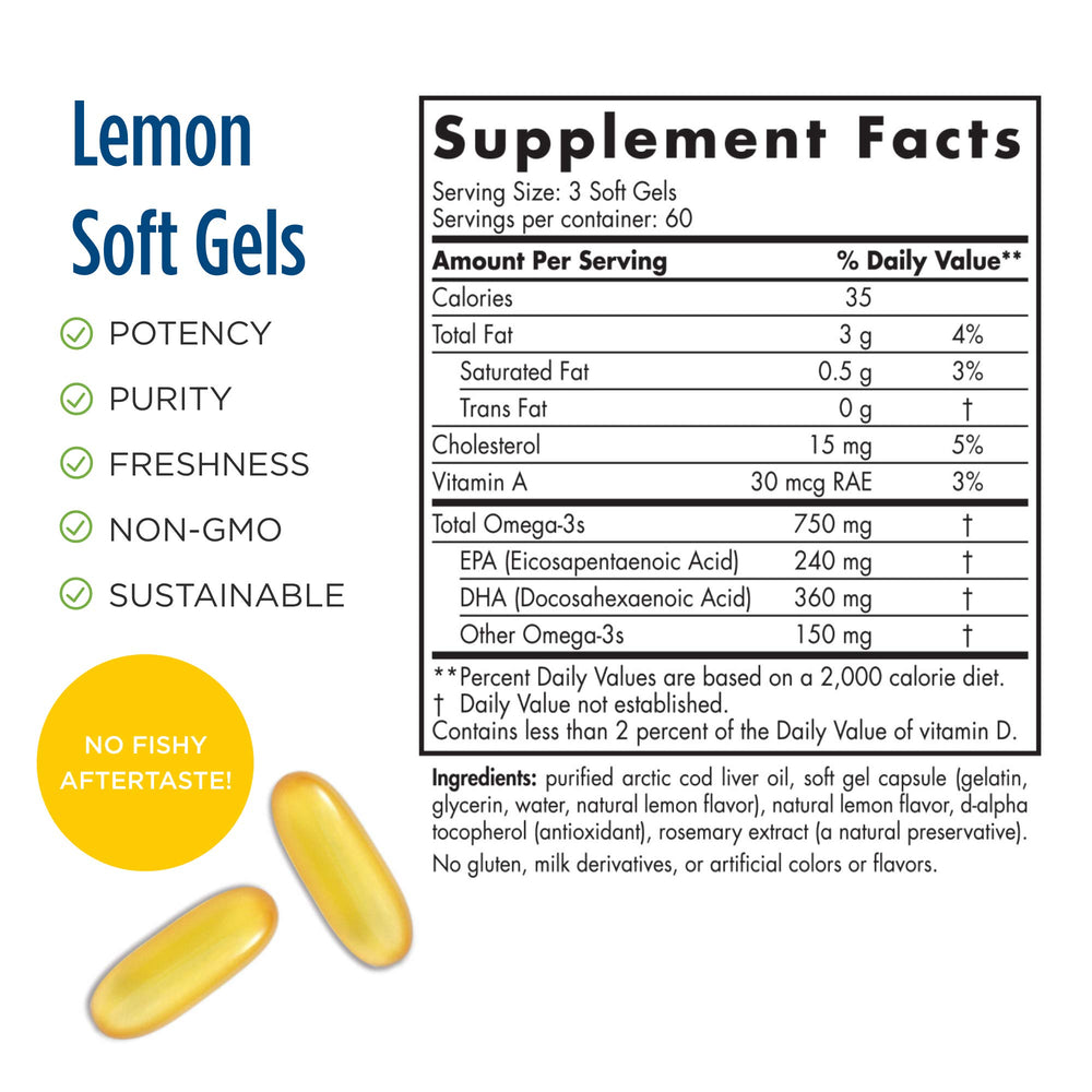 Nordic Naturals Pro Arctic Cod Liver Oil Lemon bottle back shows ingredients and benefits