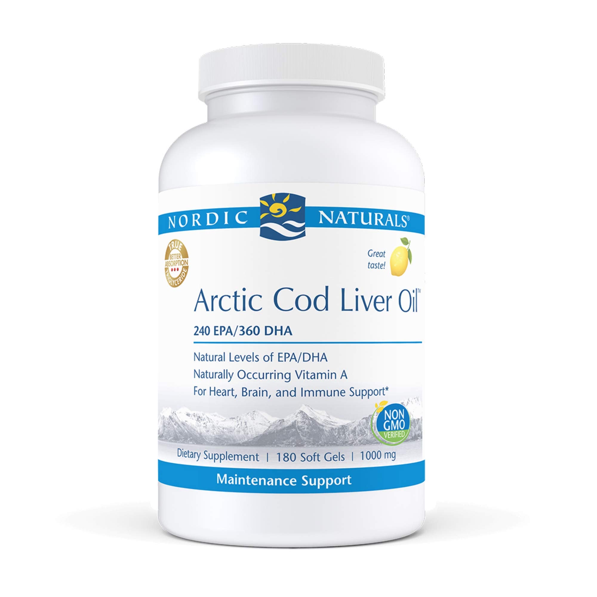 Nordic Naturals Pro Arctic Cod Liver Oil Lemon bottle front highlights lemon flavor and omega-3 support