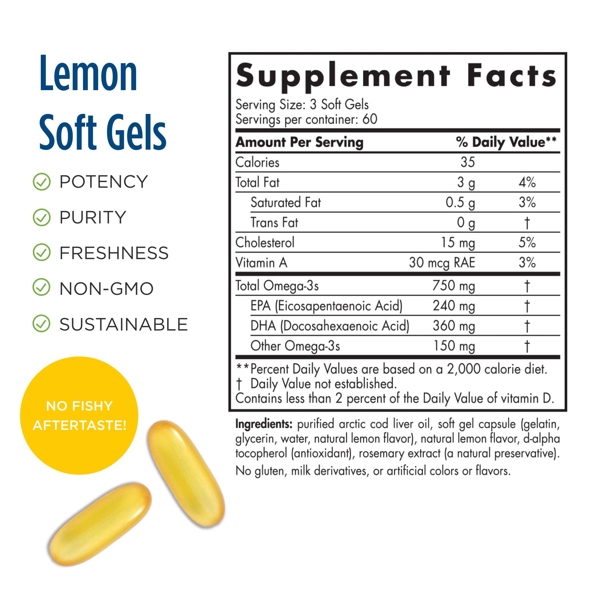 Nordic Naturals Pro Arctic Cod Liver Oil Lemon soft gels closeup emphasizes natural vitamins A and D