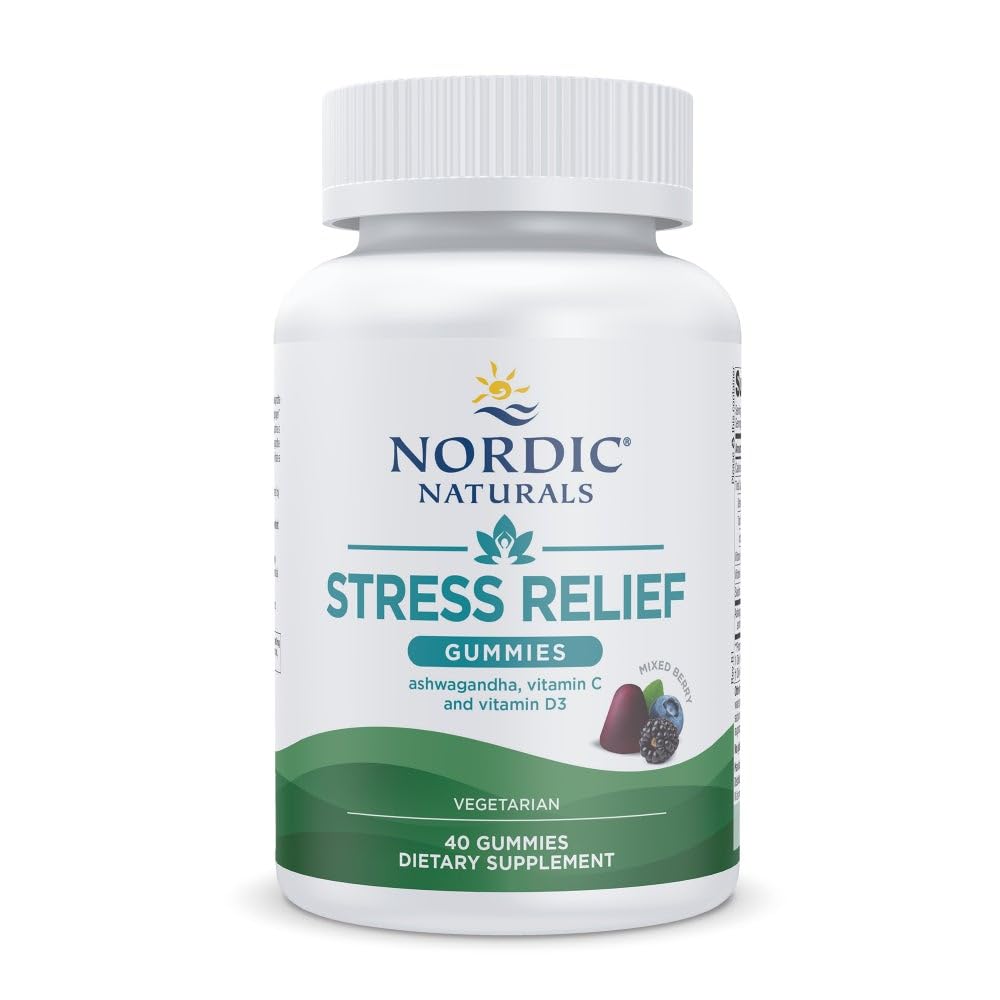 Bottle of Nordic Naturals Stress Relief Gummies mixed berry flavor with 40 gummies