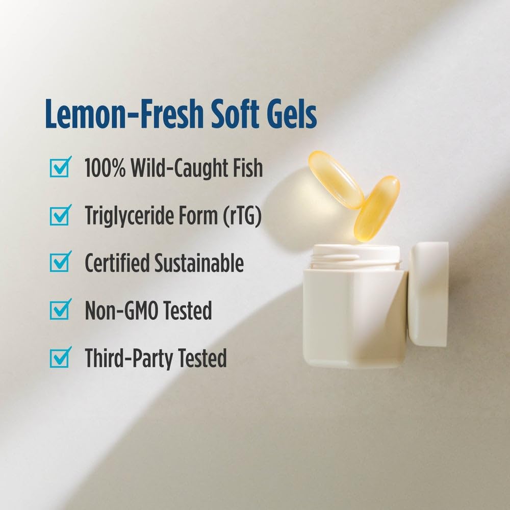 Lemon slice beside Ultimate Omega 2X soft gels emphasizes flavor
