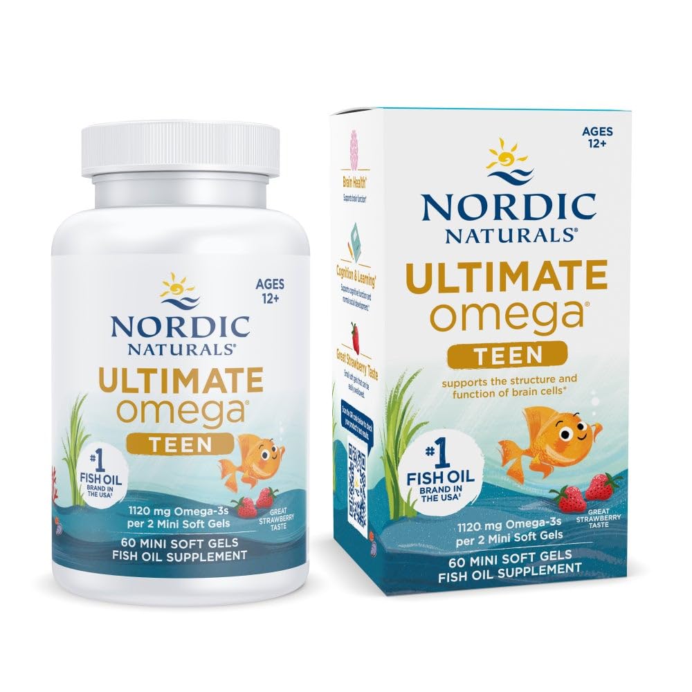 Nordic Naturals Ultimate Omega 2x Teen strawberry bottle emphasizes high omega-3 content for teen focus.