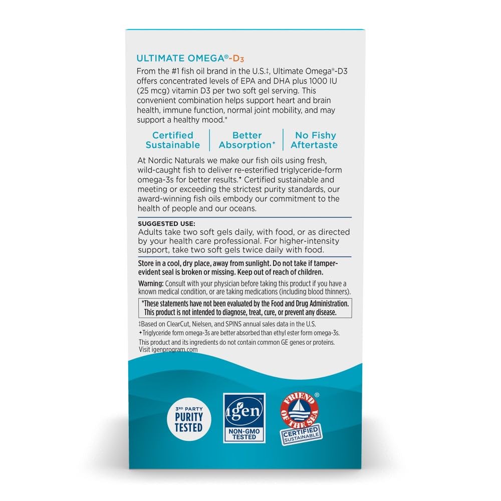 Pour of Nordic Naturals Ultimate Omega-D3 lemon soft gels illustrating easy daily serving