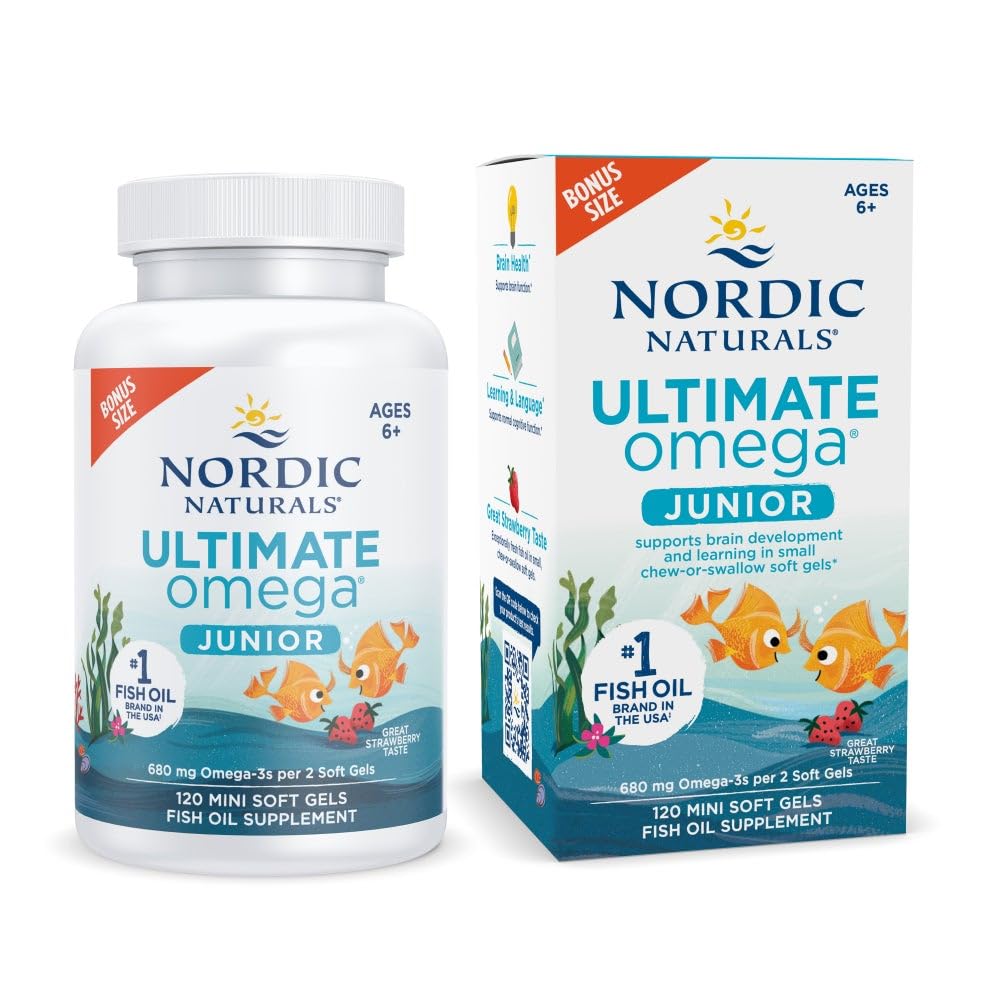 Nordic Naturals Ultimate Omega Jr. strawberry bottle with kid-friendly mini soft gels for daily omega-3 support