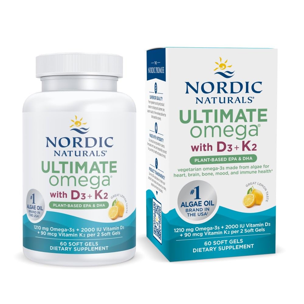 Bottle of Nordic Naturals Ultimate Omega Plant-Based D3 and K2 softgels