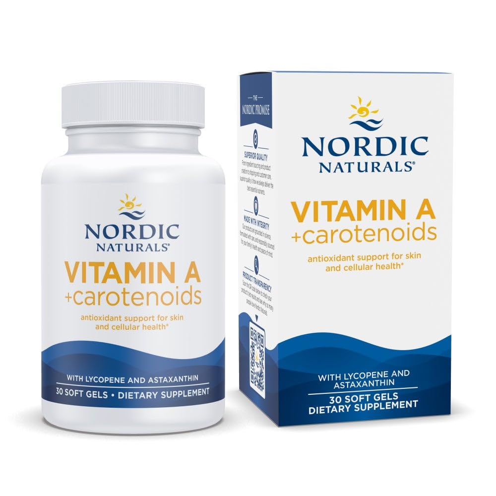 Bottle of Nordic Naturals Vitamin A + Carotenoids with unflavored soft gels – front view