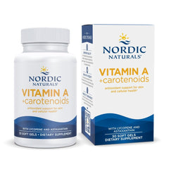 Bottle of Nordic Naturals Vitamin A + Carotenoids with unflavored soft gels – front view