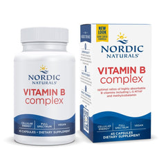 Bottle of Nordic Naturals Vitamin B Complex 45 capsules on white background