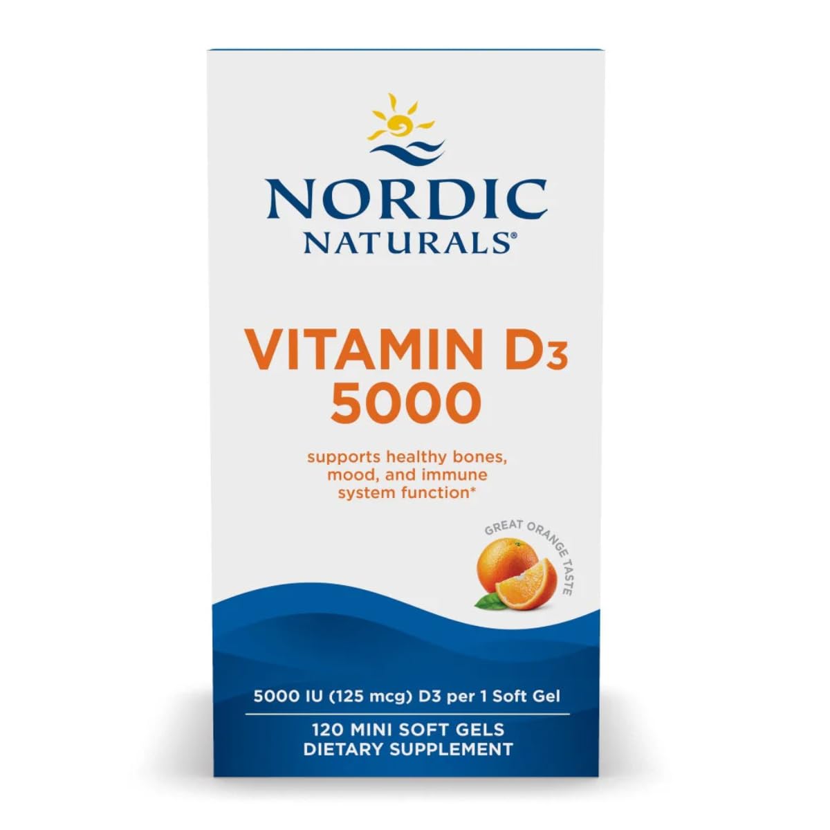 Nordic Naturals Vitamin D3 5000 Orange Mini Soft Gels bottle close-up
