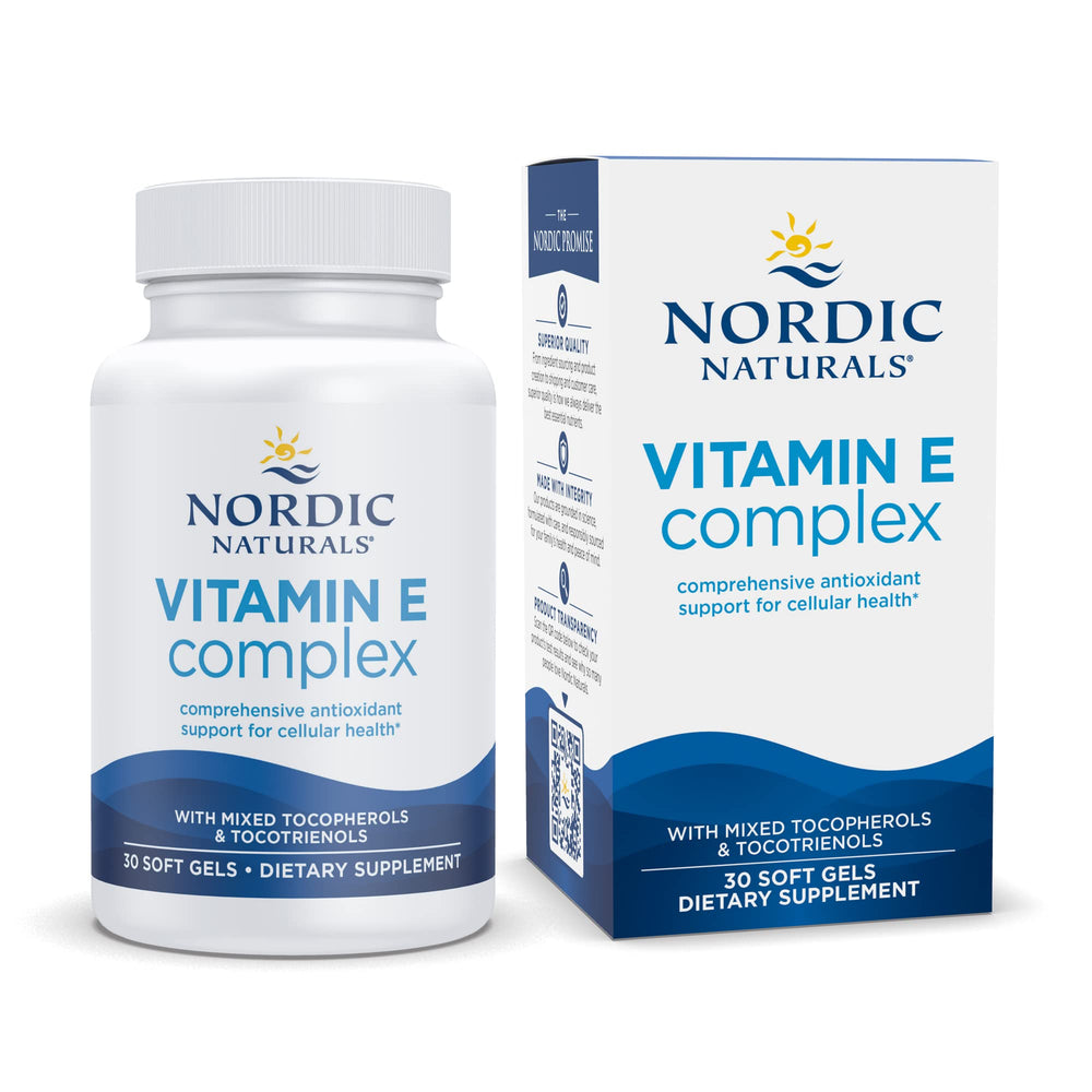 Bottle of Nordic Naturals Vitamin E Complex Unflavored with 30 soft gels