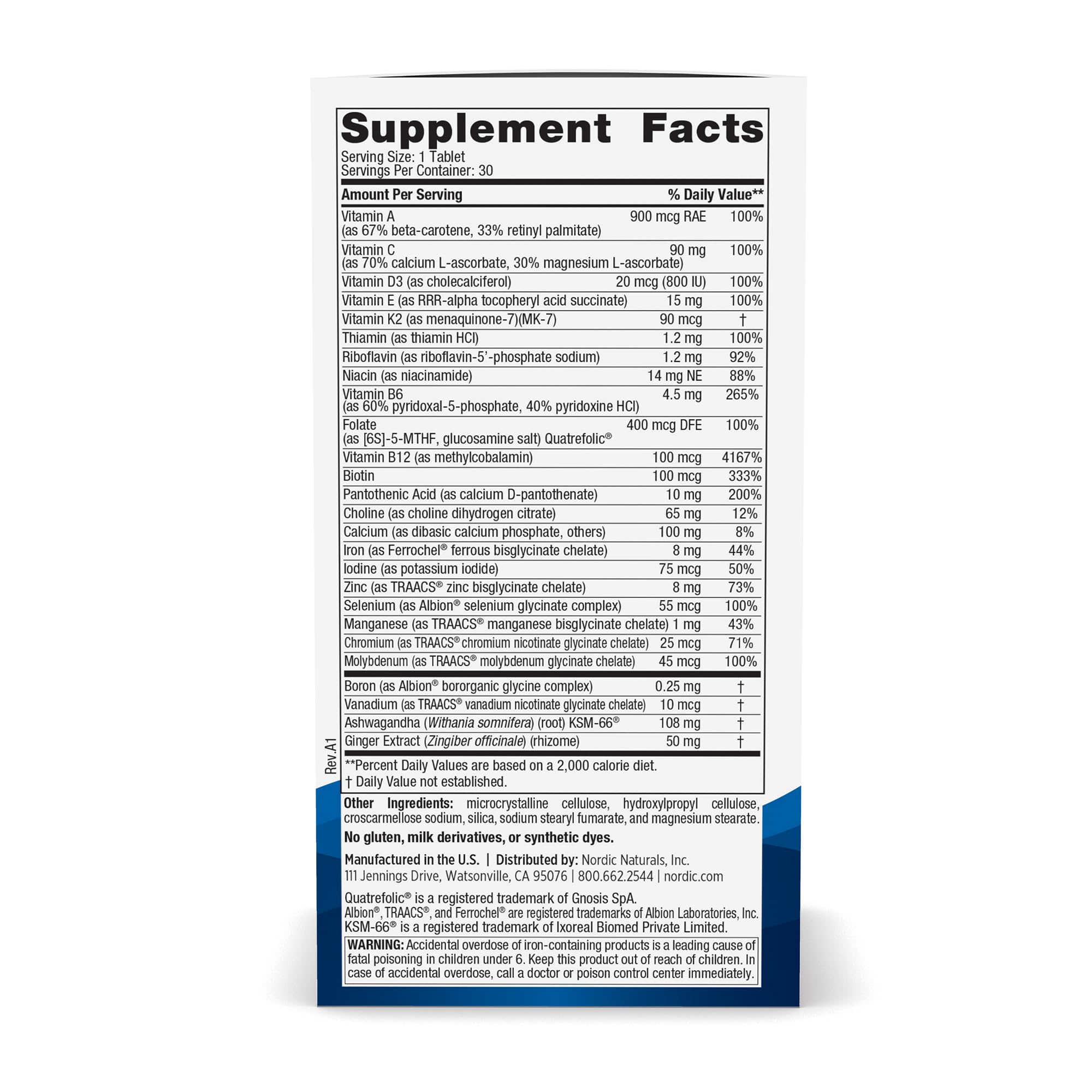 Close-up of ingredients on label showing 20 essential vitamins and minerals