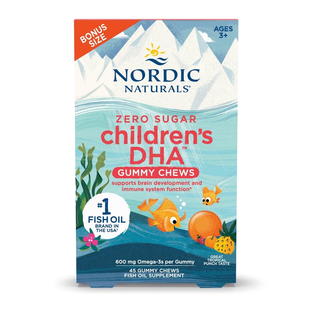 Nordic Naturals Zero Sugar Children's DHA Gummies Tropical Punch bottle; kid-friendly omega-3 source