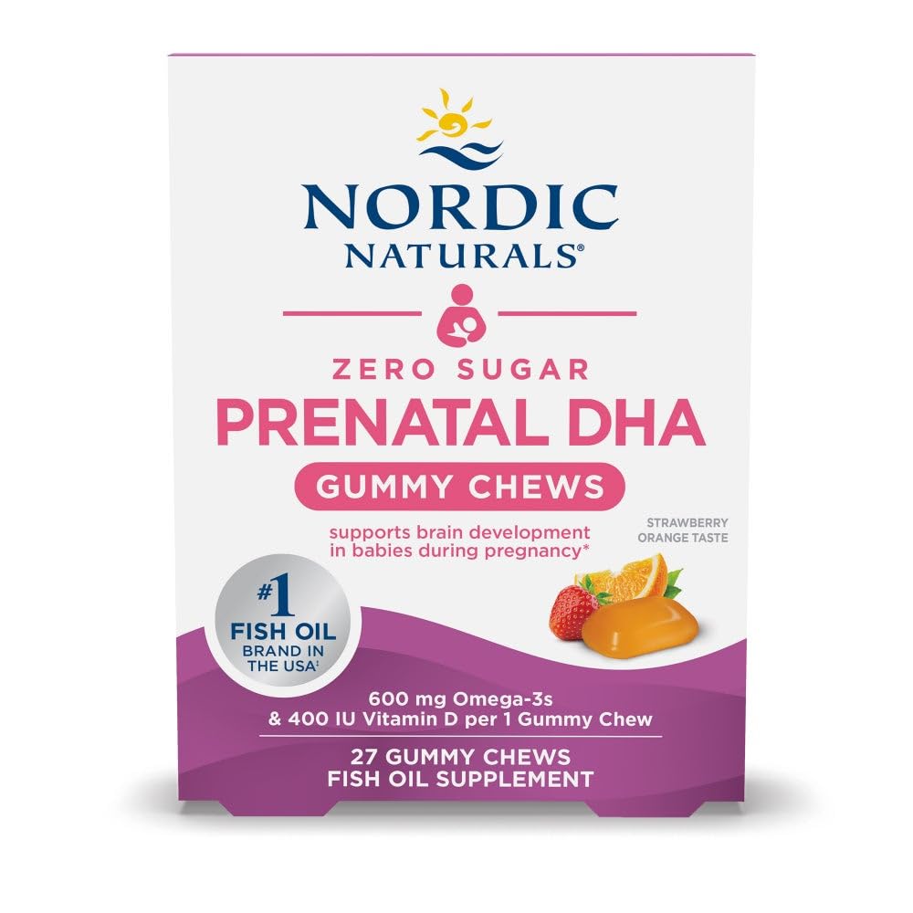 Nordic Naturals Zero Sugar DHA Prenatal Gummies bottle with Strawberry Orange flavor