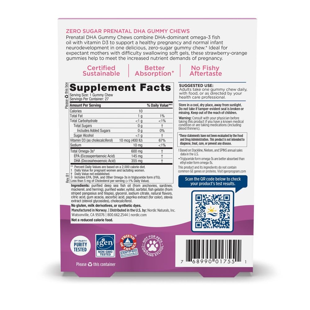 Gummy chews showing DHA omega-3 and vitamin D3 ingredients