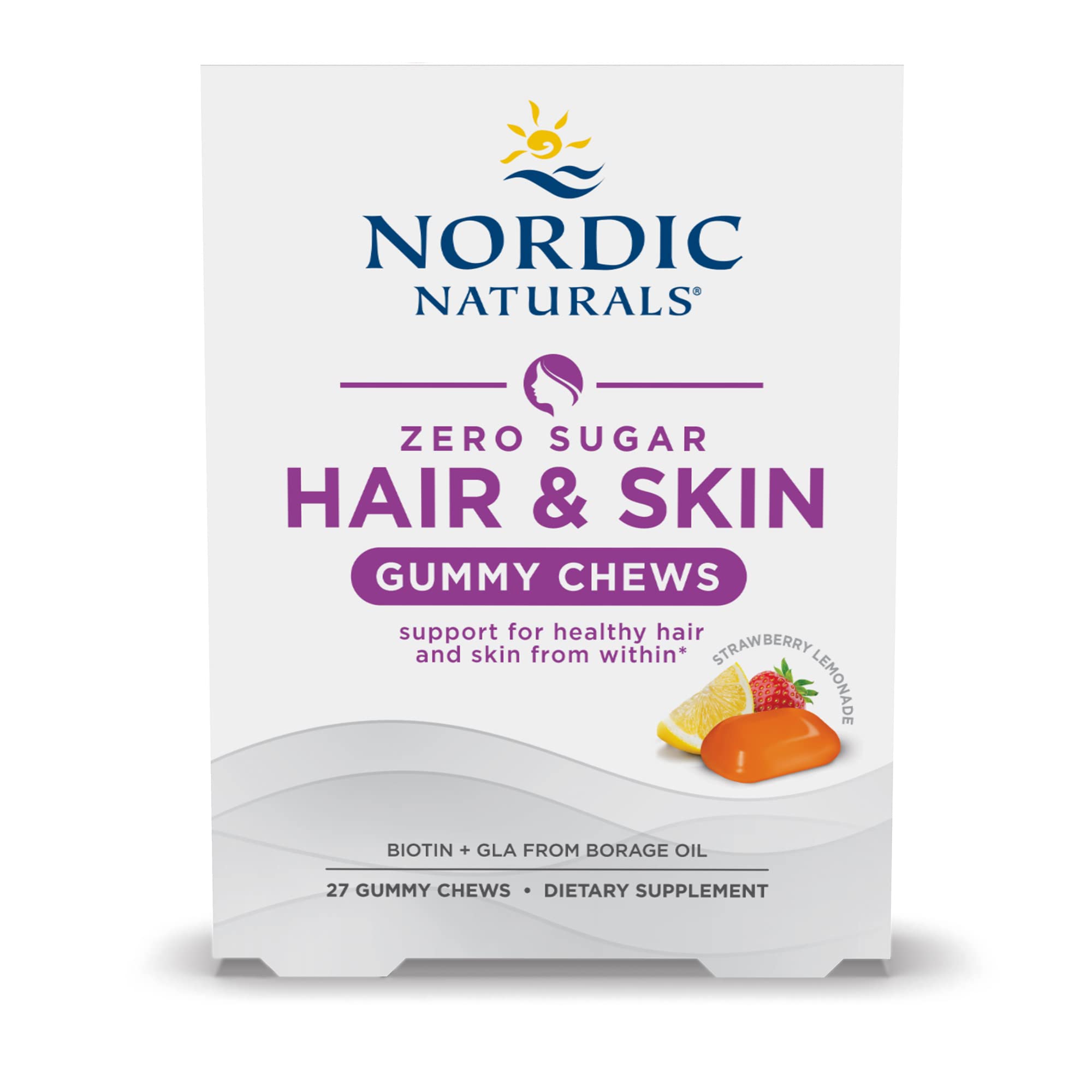 Nordic Naturals Zero Sugar Hair & Skin Gummy Chews Strawberry Lemonade, 27-count