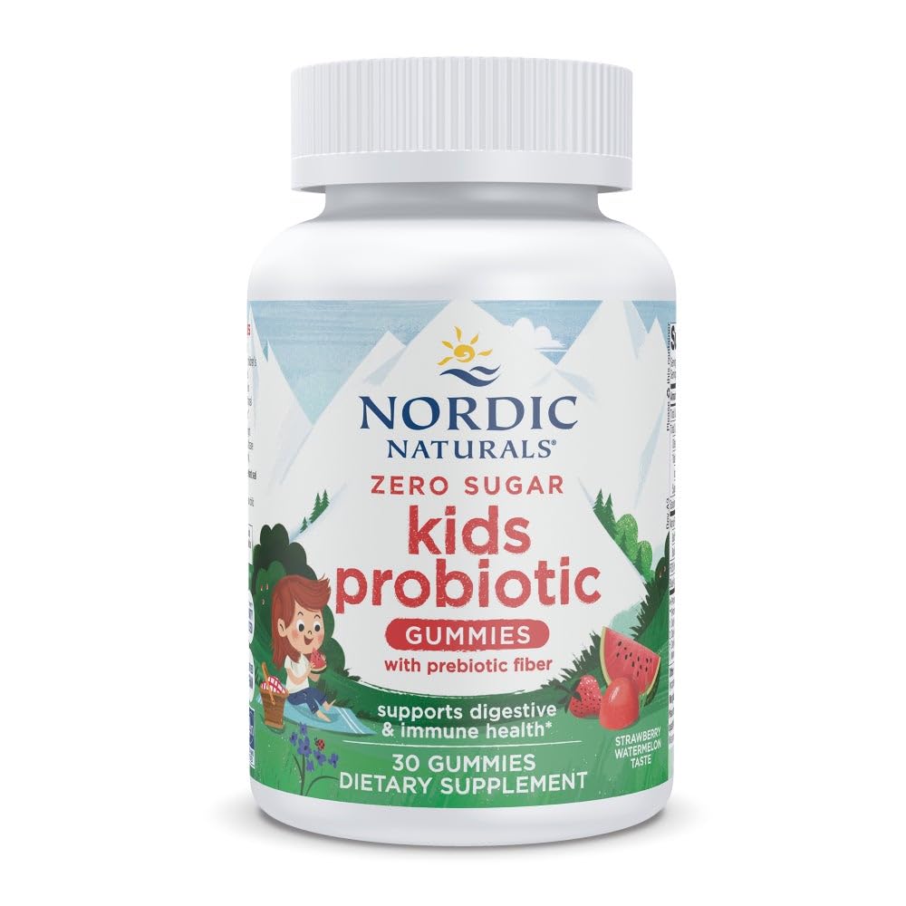 Bottle of Nordic Naturals Zero Sugar Kids Probiotic Gummies – Strawberry Watermelon flavor