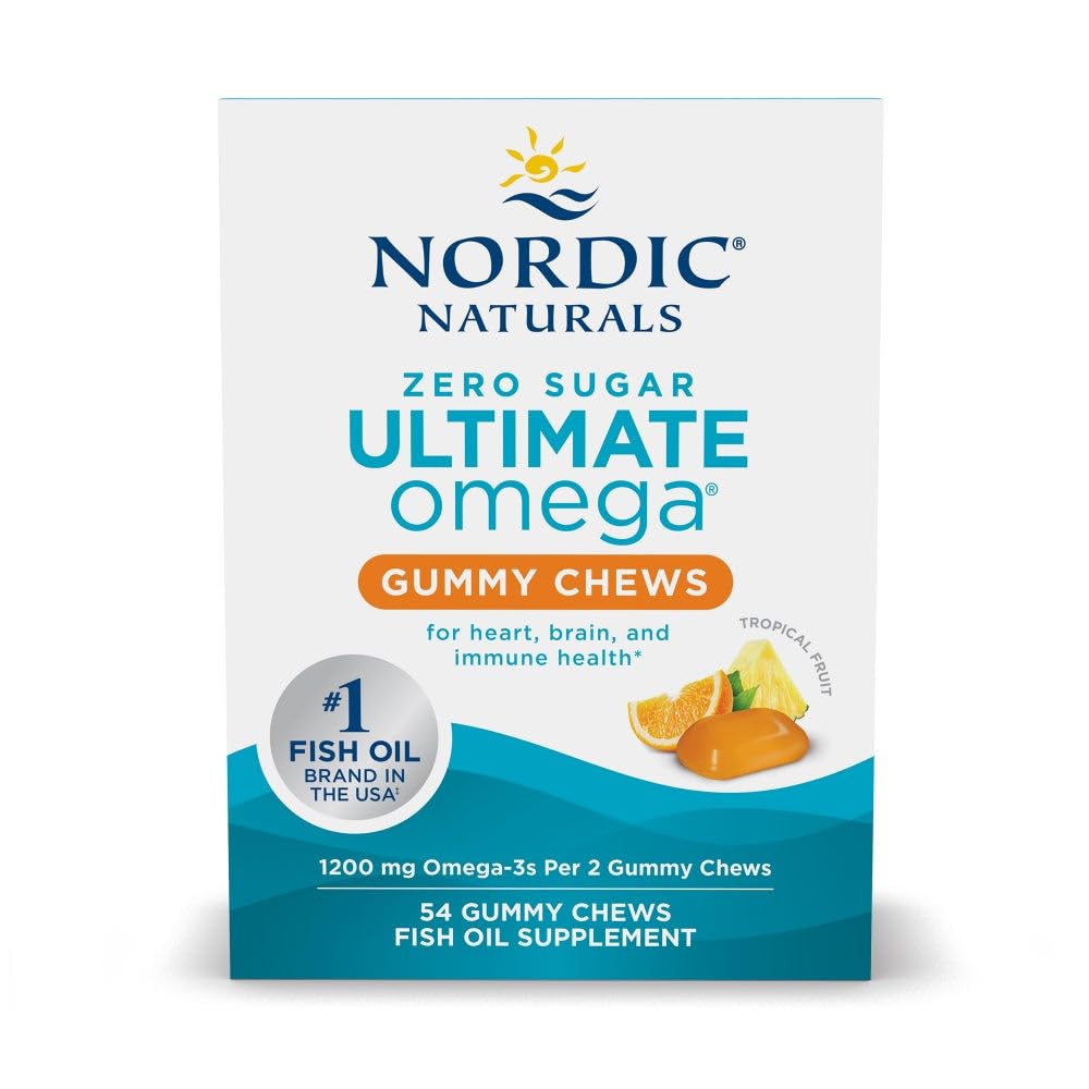 Bottle of Nordic Naturals Zero Sugar Ultimate Omega Gummy Chews Tropical Fruit 54-count