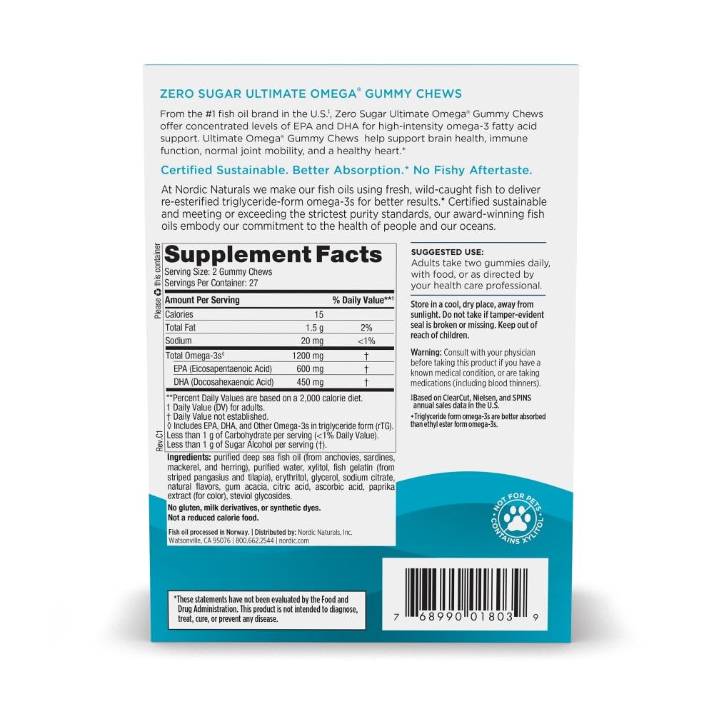 Product label for Nordic Naturals Zero Sugar Ultimate Omega Gummy Chews Tropical Fruit