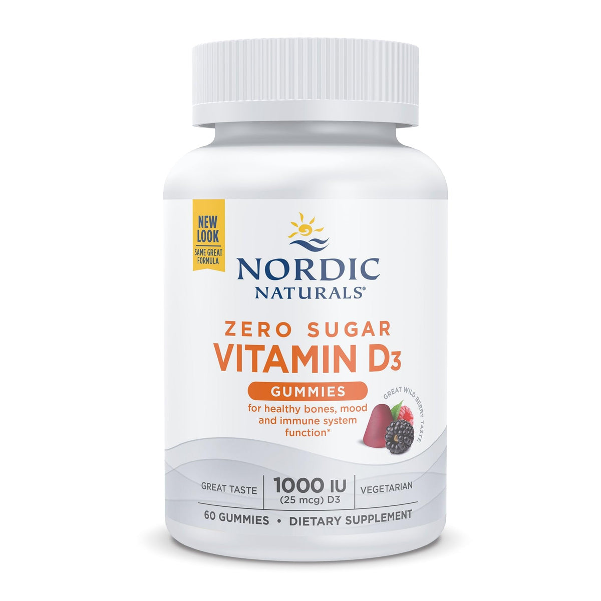 Nordic Naturals Zero Sugar Vitamin D3 Gummies, Wild Berry flavor, 60-count bottle with 1000 IU per gummy