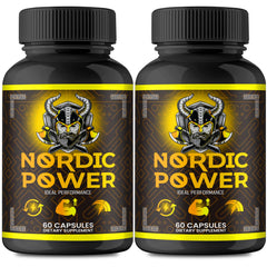 Nordic Power Pills bottle with capsules on white background