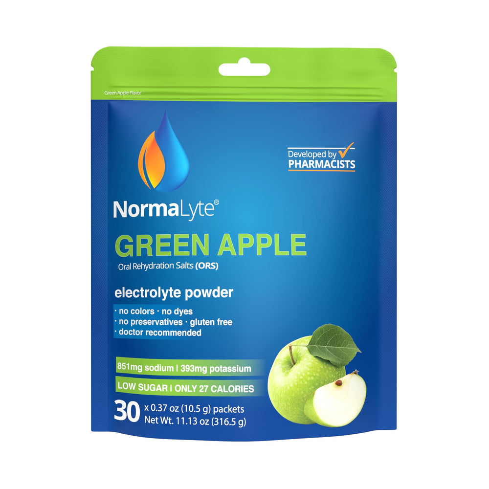 NormaLyte Apple packets on outer packaging for convenient on-the-go hydration.