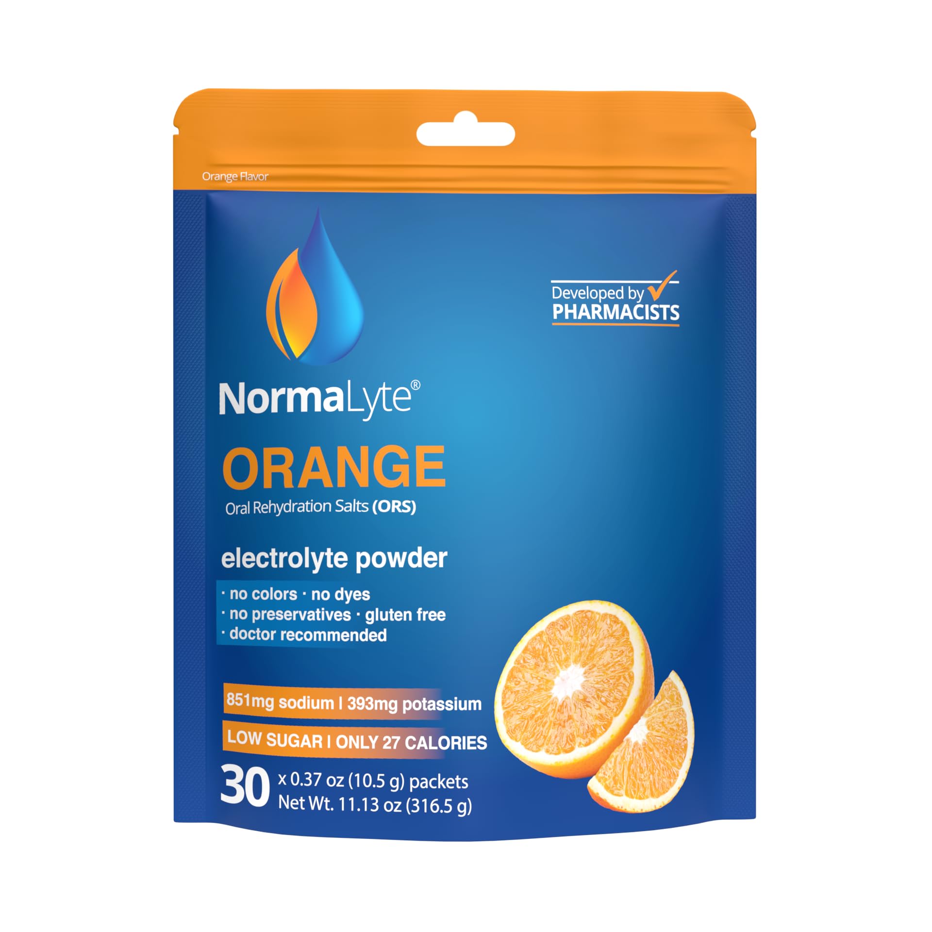 NormaLyte Orange packet burst highlights on-the-go hydration convenience.
