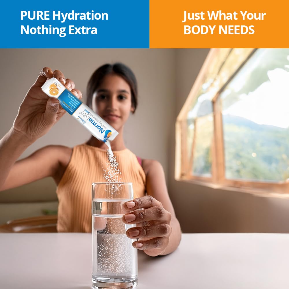 NormaLyte Orange powder dissolving in water with citrus aroma.