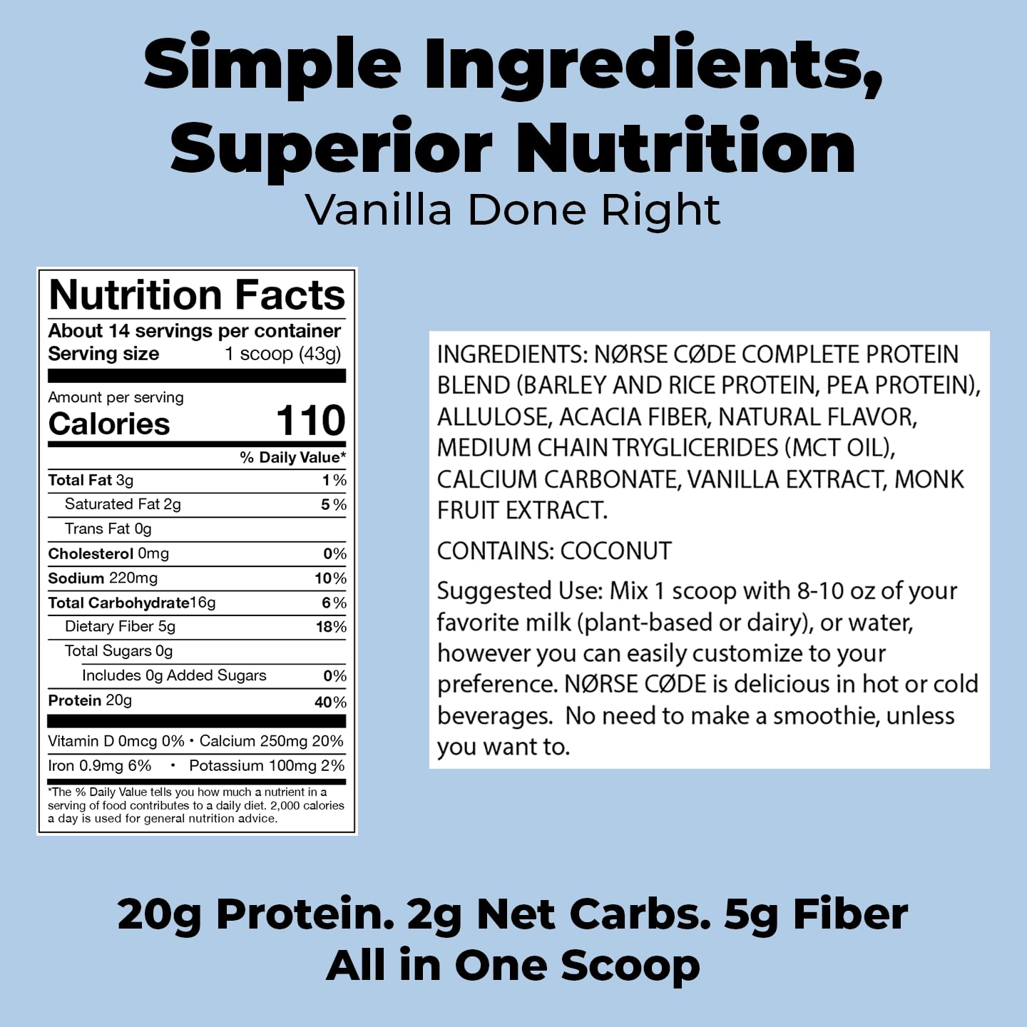 Scoop measuring 20g of vanilla protein powder