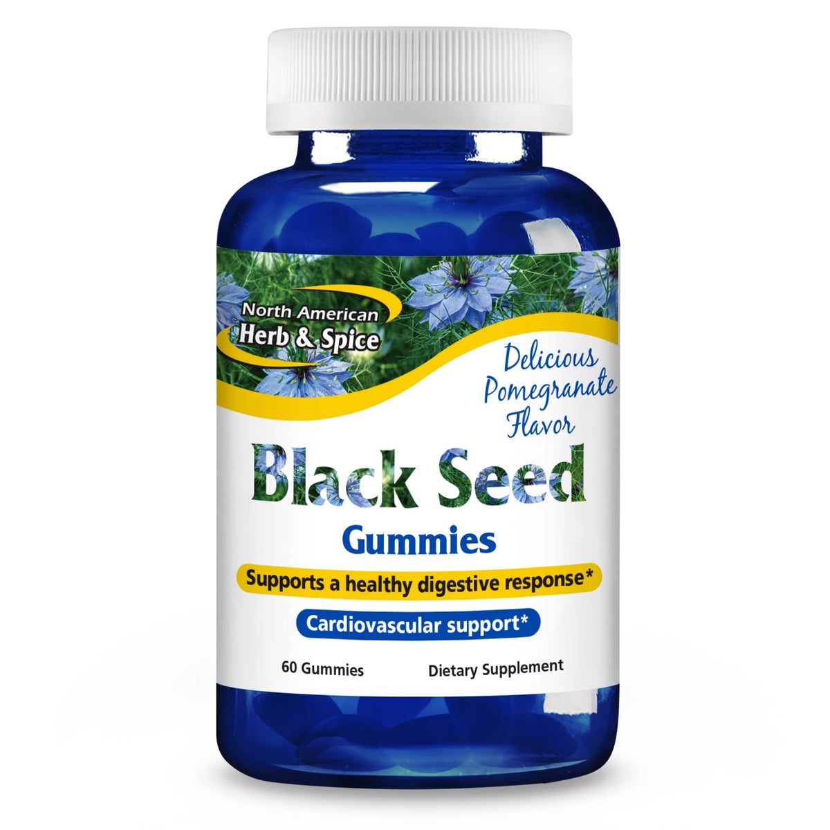 North American Herb & Spice Black Seed Gummies bottle with Pomegranate flavor