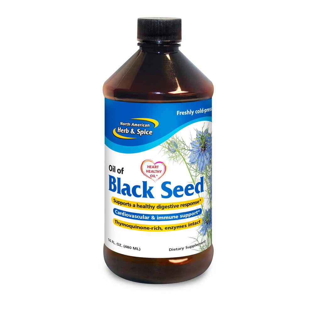 Front view of North American Herb & Spice Black Seed Oil 16 oz bottle