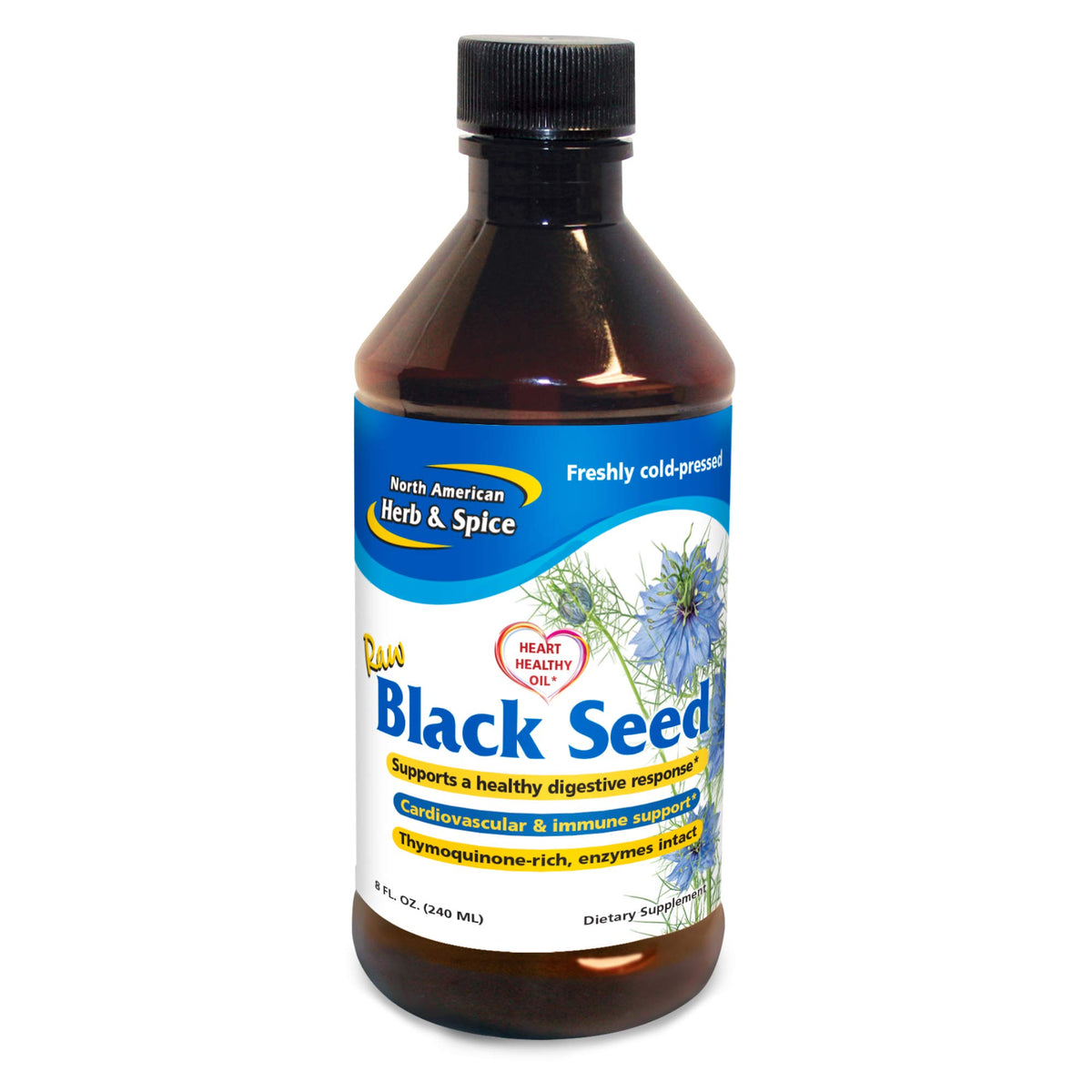 Front view of North American Herb & Spice Black Seed Oil 8 oz bottle with label
