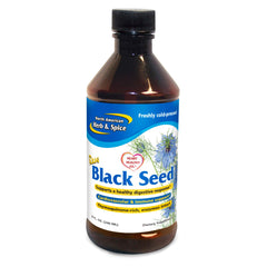 Front view of North American Herb & Spice Black Seed Oil 8 oz bottle with label