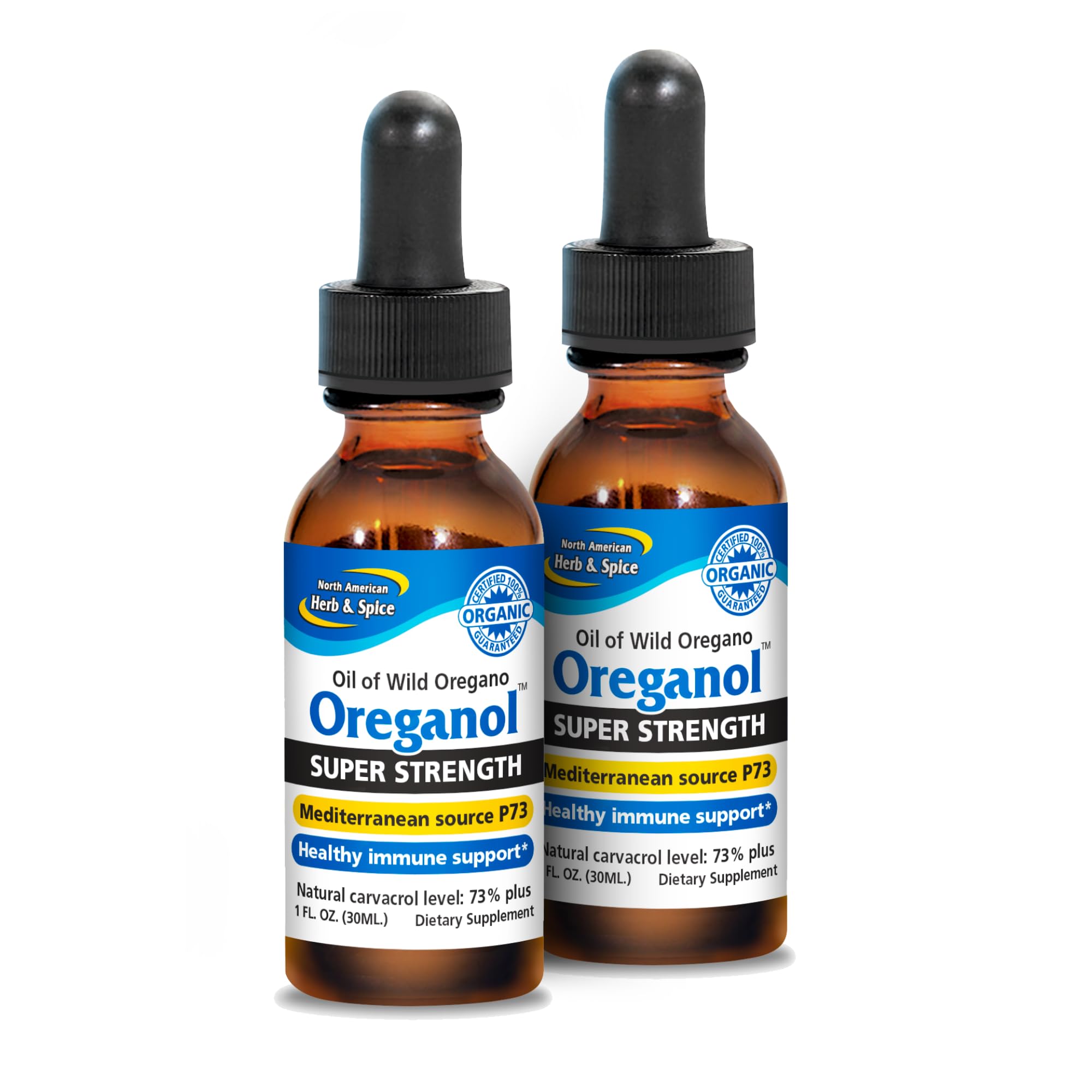 Front view of NORTH AMERICAN HERB & SPICE Oreganol P73 Super Strength 2-pack, 1 oz each